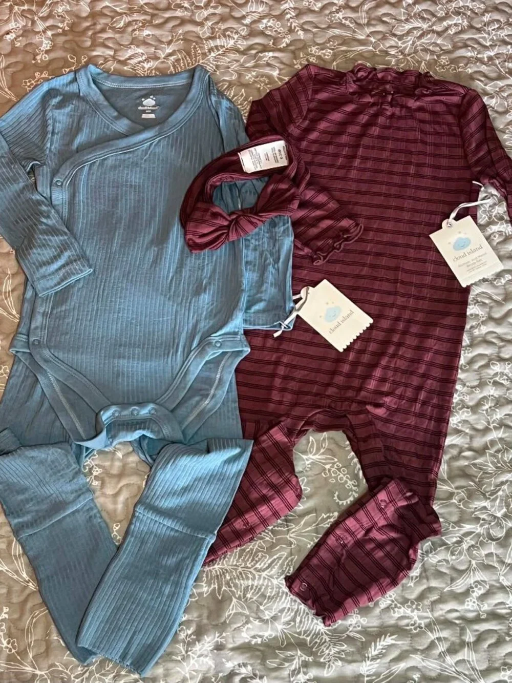 2Pc BodySuit Leggings Blue & Romper W/ Headband Maroon Size 24M